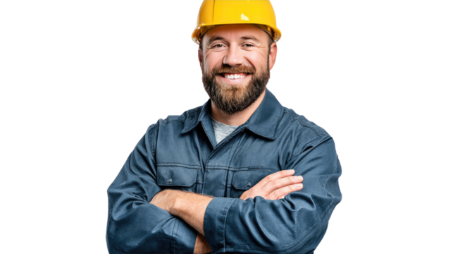 Confident Constructor: A cheerful constructor, distinguished by a hard hat and confident pose, embodies the essence of construction.