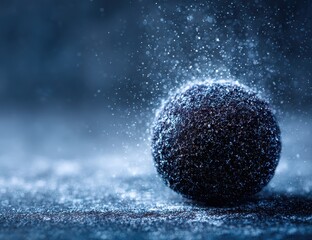 Dark sphere, coated in textured powder, rests on a surface;  water droplets explode outward