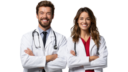 Doctors United: Two medical professionals, radiating confidence and expertise, stand side-by-side, embodying health and wellness through their compassionate smiles.