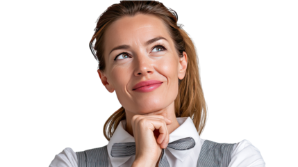 Woman in contemplation: A portrait of a thoughtful woman gazing upwards, her expression a mix of curiosity and introspection, offering a glimpse into her imaginative world.