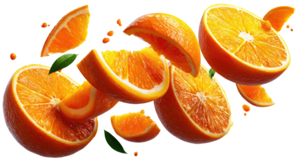 Orange Slice in the air: Vibrant close-up captures fresh orange slices in mid-air, showcasing their juicy textures and inviting refreshment.