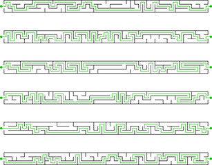 Collection of 6 horizontal long lenght rectangular labyrinths. Set of stretched mazes with solutions. Black and white riddles collection. Brainstorm puzzle for books, print, web games