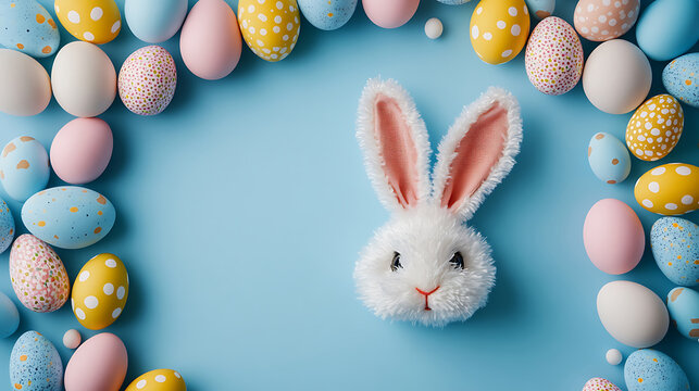 Pastel easter eggs surround white bunny head on light blue background,spring holiday celebration,generative ai