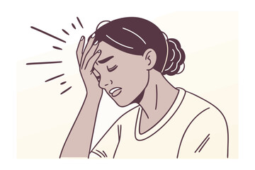 Headache and Discomfort: A woman with closed eyes and her hand on her forehead shows a clear illustration of suffering, which captures the essence of sickness, pain, and stress.
