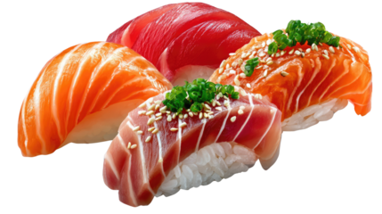 Sushi Delight: Close-up of exquisitely crafted sushi nigiri, a culinary masterpiece featuring fresh salmon and tuna, inviting a sensory experience.