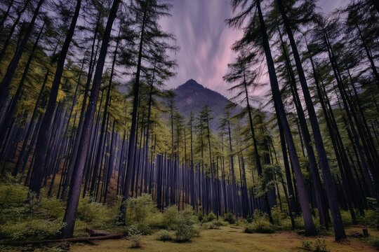Lush forest floor looking up at tall trees to a mountain peak