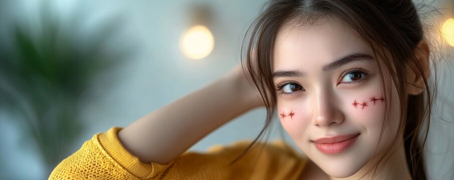 Dermatology concept, Asian young woman reacting to insect bites on her arm, scratching itchy red spots or rash, highlighting beauty care and treatment for skin issues, Generative AI