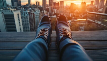Plakat Elevated business shoes atop a city rooftop, sunset view