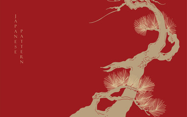 Red bonsai tree with hand drawn lline pattern illustration in vintage style. Gold nature in vintage style. Oriental style background in Chinese style