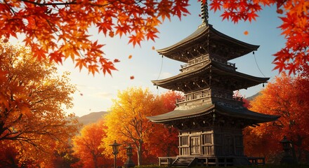 紅葉輝く秋寺 夕日穏やか