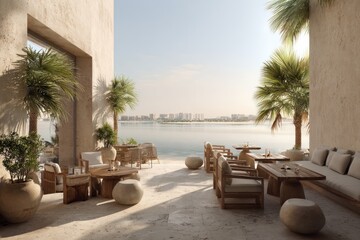 Obraz premium Modern outdoor patio overlooking water