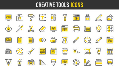 Creative tools vector icons. such as Puzzle, Paper Print, Paint Roller, Video Camera, Ruler, Bright, Pen, Drawing Book, Presentation, Tasks, Shapes, Paper Print, Square illustration.	

