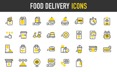 Food Delivery vector icons. such as Food Pack, Cake, Menu, Lunch Box, Grocery, Pizza Deliver, Delivery Bag, Food Pack, Burger, Food Delivery, Food Tray, French Fries illustration.	
