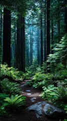 Fototapeta premium Misty forest path winding through tall trees