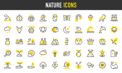 Nature vector icons. such as Power Bank, Forest, Research, Mountain, Fruit Tree, Waterfall, Environment, Snail, Bird, Gear, Owl, Log, Plant Leaf, Lotus Flower, Solar Panel illustration.  © Picvault