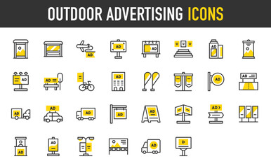 Outdoor advertising vector icons. such as Led, Ads, Mupi, Roll Up, Megaphone, Boarding, Roadshow, Poster, Store Sign, Billboard, Bike, Bow Flags, Document, Aircraft illustration.	

