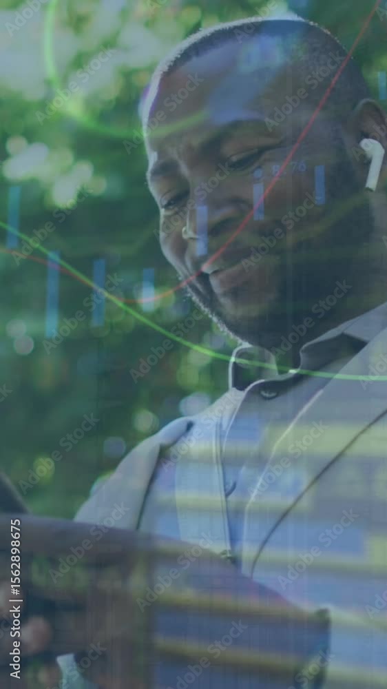 Poster animation of statistical data processing over happy african american man using smartphone on street