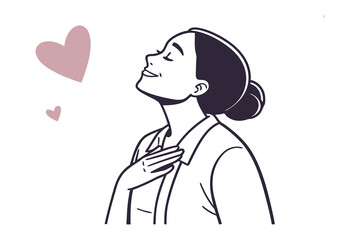 Cherished Moments: A simple illustration of a woman, depicted in a heartwarming moment of self-love. Smiling and with eyes closed. A symbol of pure joy and gentle peace. 