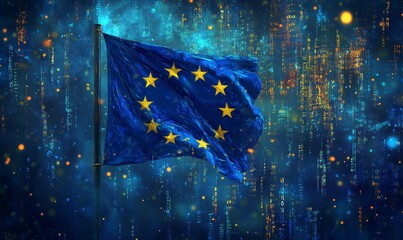 Waving EU flag, digital background, abstract