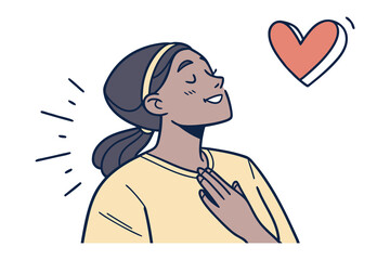 Heartfelt Gratitude: A young woman expresses sincere gratitude, her eyes closed in peaceful contentment, a heart symbol floating nearby, radiating warmth and positivity.
