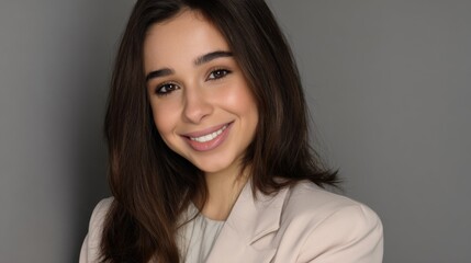 Fototapeta premium Radiant woman with long dark-brown hair, bright smile, large brown eyes, healthy glowing skin, and light-colored blazer on neutral gray background.