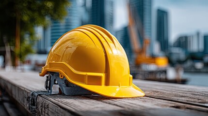Yellow Helmet: A close-up perspective showcasing a sturdy yellow safety helmet on a wooden surface with the vibrant backdrop of an urban skyline, emphasizing construction and protection.