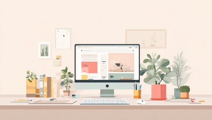 Minimalist desktop workspace with computer displaying an online store featuring home decor; plants and stationery add to the aesthetic