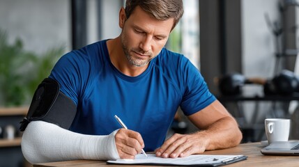 Injured Man's Document: A man with a cast on his arm concentrates intently as he meticulously writes on a paper, highlighting the challenges and resilience inherent in navigating injury and recovery.