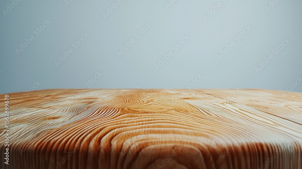 Poster smooth wooden simple table with a white wall background, creating a surface yet elegant setting