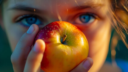 Close-up of a girl with striking blue eyes holding a red apple in front of her face, symbolizing health and innocence.