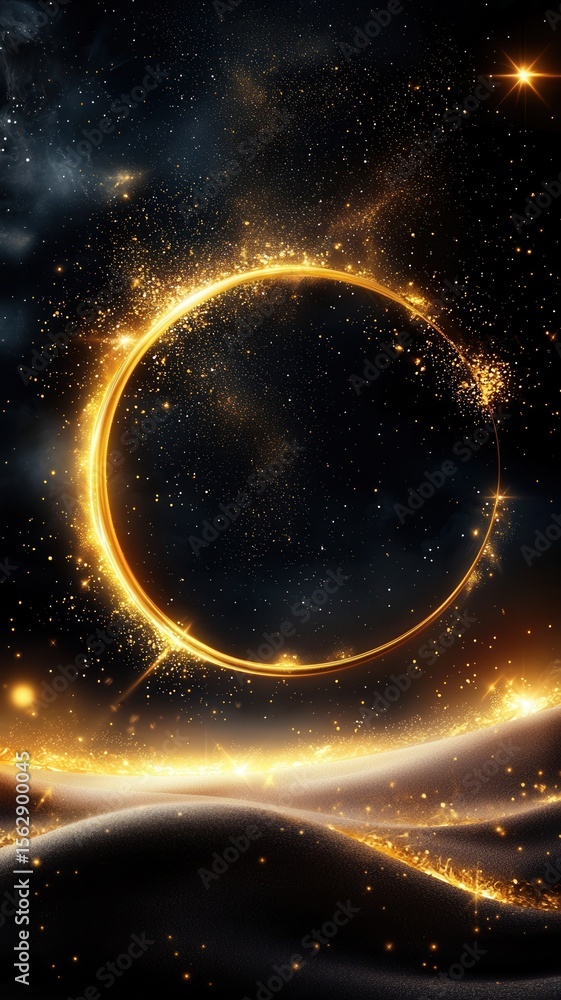 Poster gleaming golden ring resting on reflective textured surface, luminous golden particles cascading aro