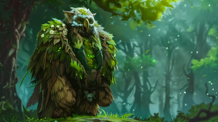 Fantasy forest guardian creature made of moss, bark, and foliage, standing peacefully in a lush woodland.