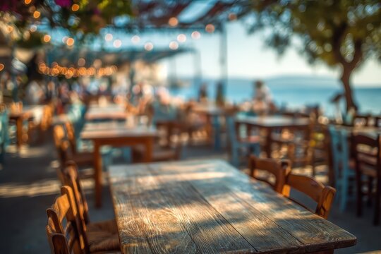 Coastal cafe seating with ocean view; outdoor restaurant dining scene. Menu background
