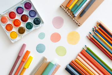 Naklejka premium Colorful art supplies arranged on white background, showcasing creativity and inspiration