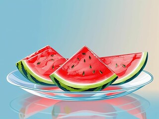 夏の涼を感じるガラス皿とスイカのイラスト