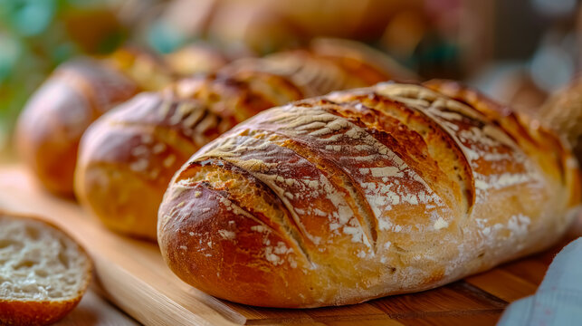 Freshly baked rustic bread loaves on a wooden cutting board in a warm kitchen setting.