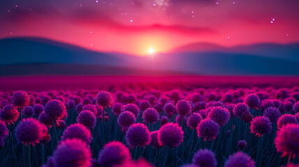 Dreamy sunset over a lavender field with mountains in the background. Peaceful and colorful landscape filled with serenity.