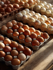 Fresh eggs arranged neatly trays, showcasing various shades and textures, create warm atmosphere