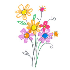  Kids’ Hand-Drawn Flower Illustration | Cute Crayon-Style Clipart
