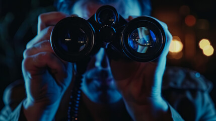 Close-up of a man looking through binoculars, with dramatic lighting and a sense of curiosity and exploration.