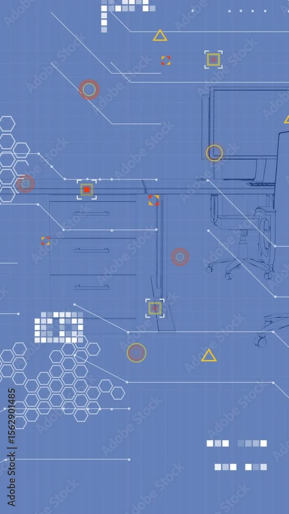 Poster animation of computer circuit board over desks with computers on blue background