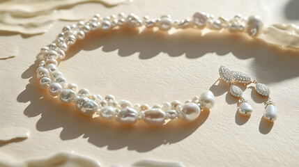 Delicate pearl necklace shimmering in soft sunlight resting on a sandy beach captured in a minimalistic style with a tranquil serene atmosphere and natural peaceful beauty





