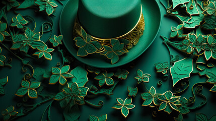 Green hat surrounded by clovers and golden decorations, perfect for St. Patrick's Day and Irish-themed visuals.
