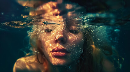 Artistic underwater portrait of a woman with closed eyes and shimmering reflections, symbolizing peace and introspection.