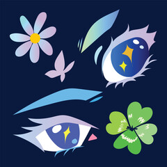 Colorful beautiful anime styled eyes, flowers, and clover petal illustration set colorful drawing isolated on square dark background.