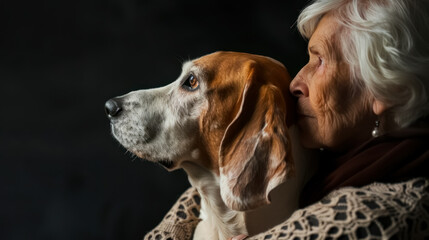Elderly woman and her dog sitting together and staring into the distance, symbolizing companionship and loyalty.