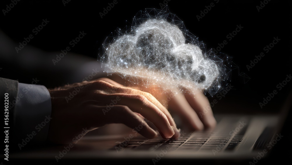 Poster hands typing on a laptop as a cloud form appears with a dark background. use tech