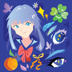 Beautiful anime girl with blue hair and other decorative eyes, orange, ribbon, and butterfly elements. Colorful drawing isolated on square blue background.