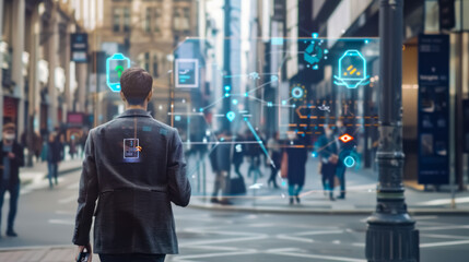 Back view of a man walking in a smart city environment, surrounded by floating holographic interface elements representing digital connectivity.