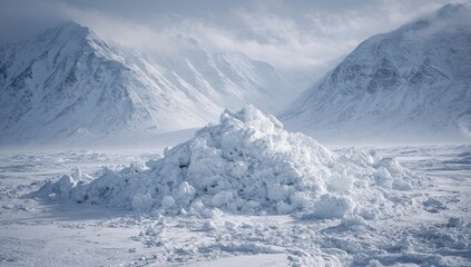 A large snowdrift dominates a flat, icy expanse before a towering, snow-covered mountain range under a pale sky